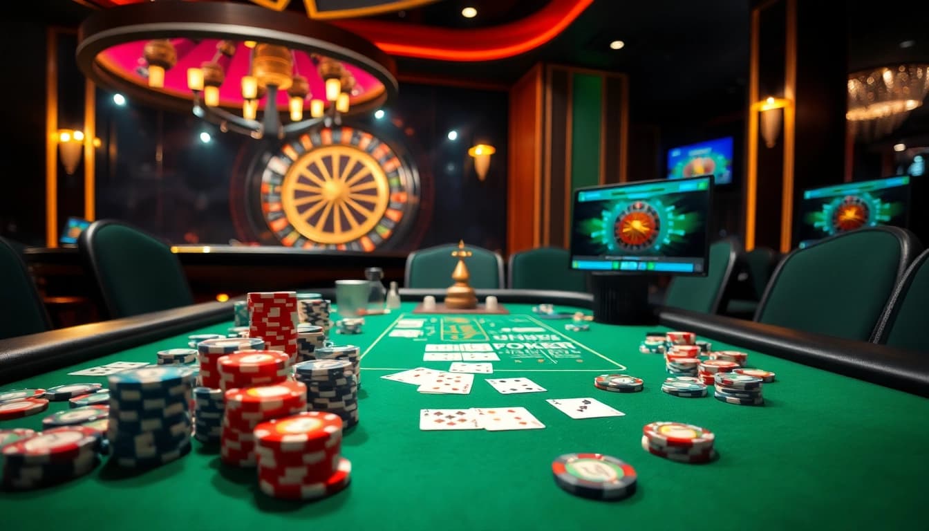 Meja poker yang cerah menampilkan elemen situs idn poker, chip, dan kartu di lingkungan kasino mewah.
