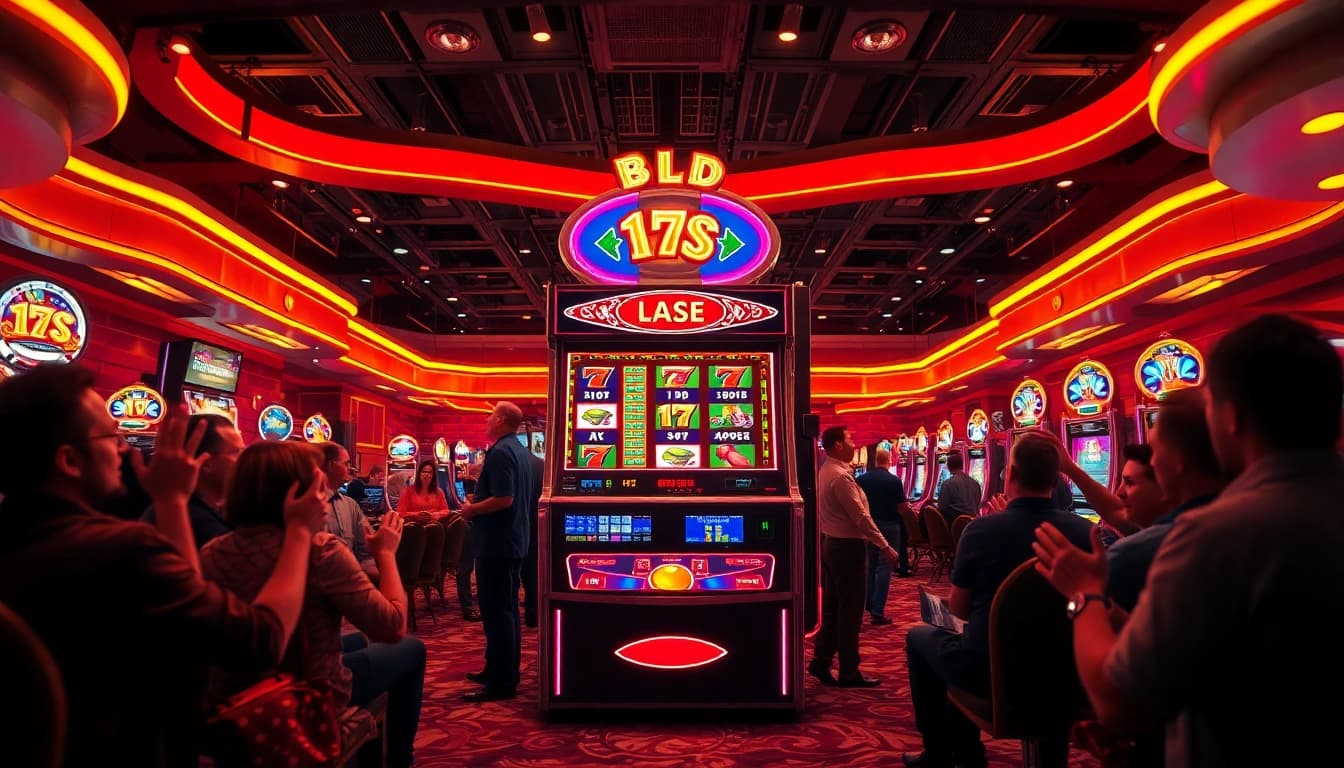 Menangkan slot aplikasi dengan mesin jackpot cerah dan pemain bersemangat di kasino.