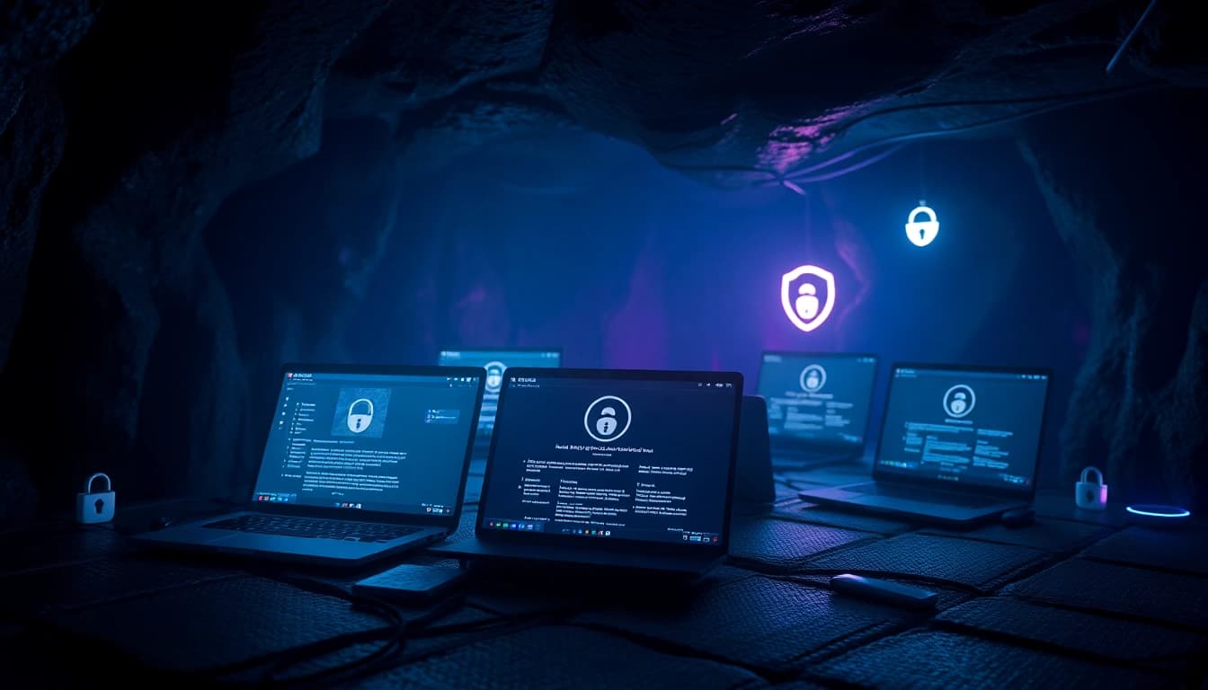 The hidden wiki displayed in an atmospheric dark web scene with glowing screens and tech devices.