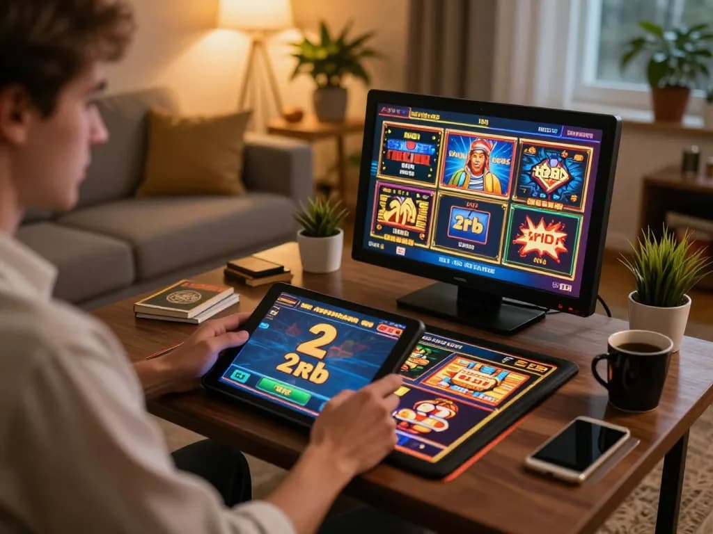 Engaging in slot deposit 2rb gaming experience on a tablet with vibrant casino graphics.