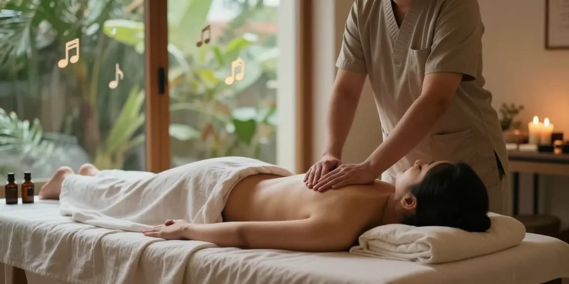 Massage therapist providing a relaxing 마사지 experience in a tranquil spa setting with natural light.