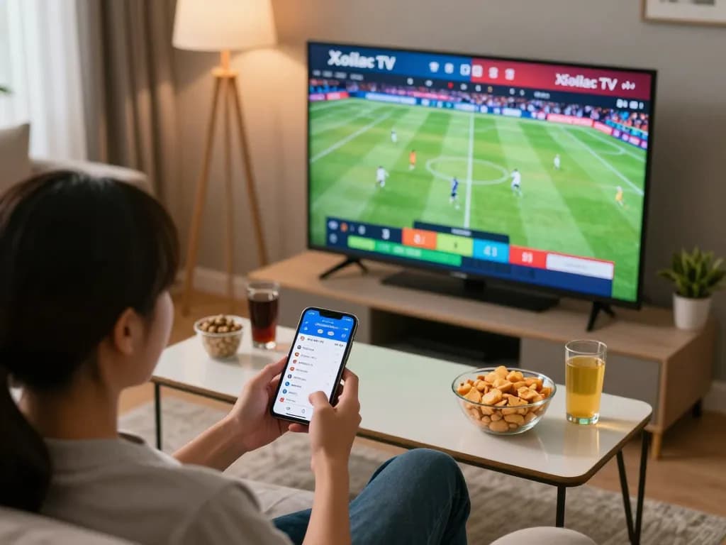 Xoilac TV streaming live football matches, person engaged in sports betting on smartphone during a cozy home session.