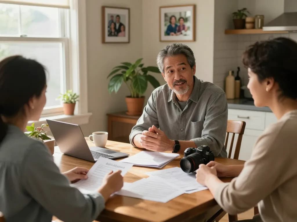 Cash home buyers consulting a homeowner in a cozy kitchen setting, fostering trust and collaboration.