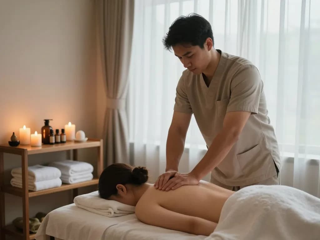 편안한 포항스웨디시 마사지 치료 장면, 진정 요소와 스파의 전문 치료사가 포함된 이미지.