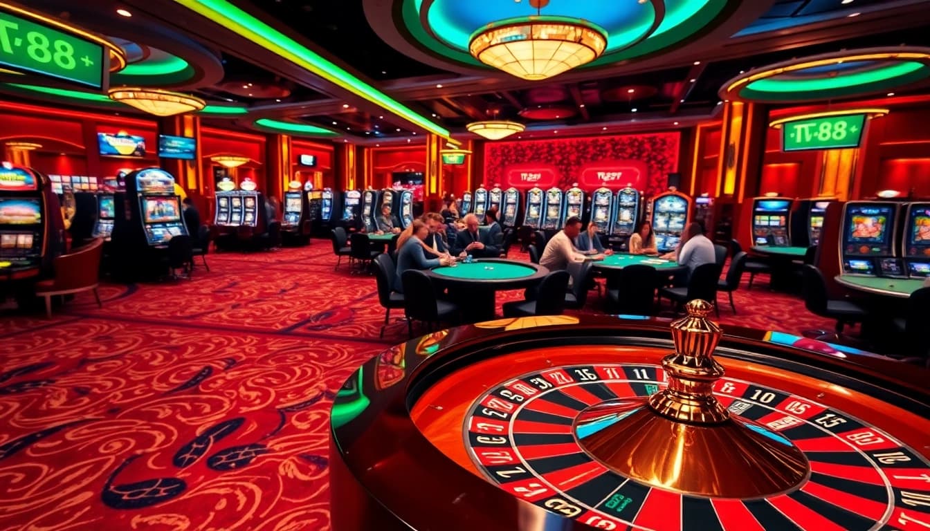 Experience the thrill of TV88 casino gaming with vibrant roulette and poker action in a luxurious setting.