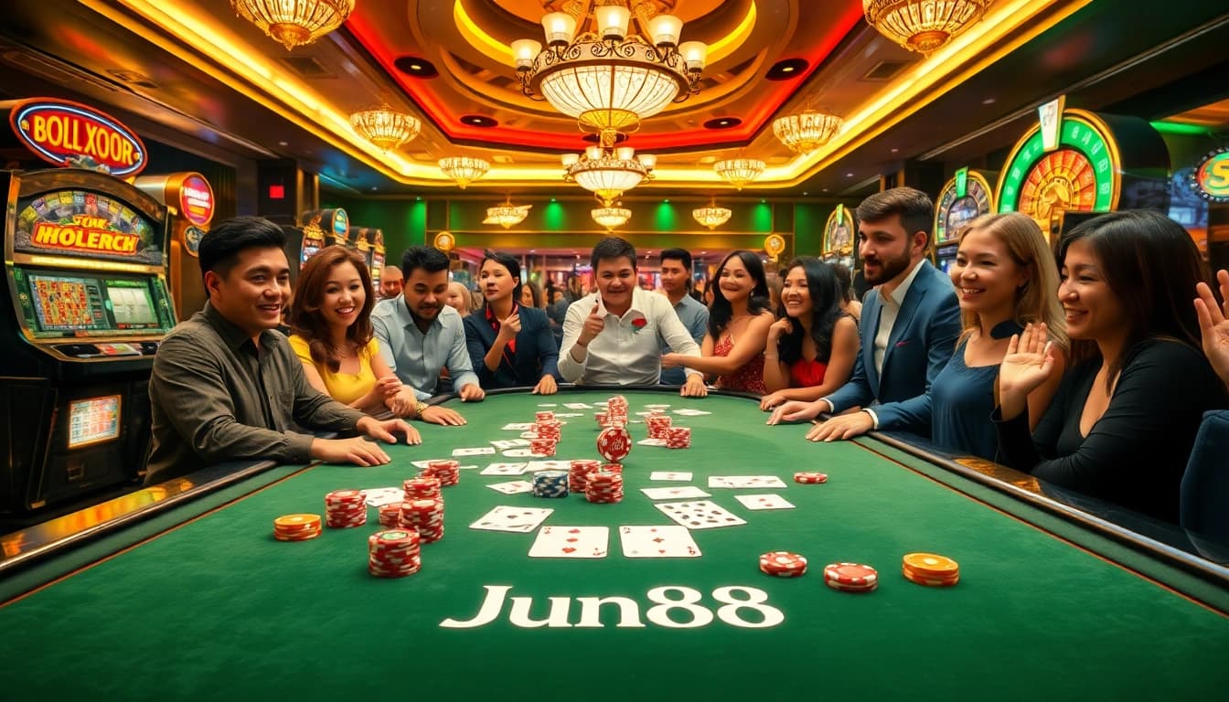 Jun88 players engaging in an exciting casino game with vibrant tables and colorful chips.
