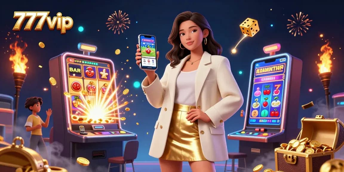 Engage with exciting games on 777vip featuring a vibrant 3D illustration of casino elements and a friendly Asian woman.