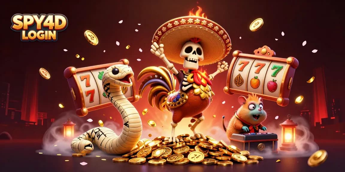SPY4D LOGIN merayakan kemenangan dengan karakter kartun di tumpukan koin emas dalam permainan slot