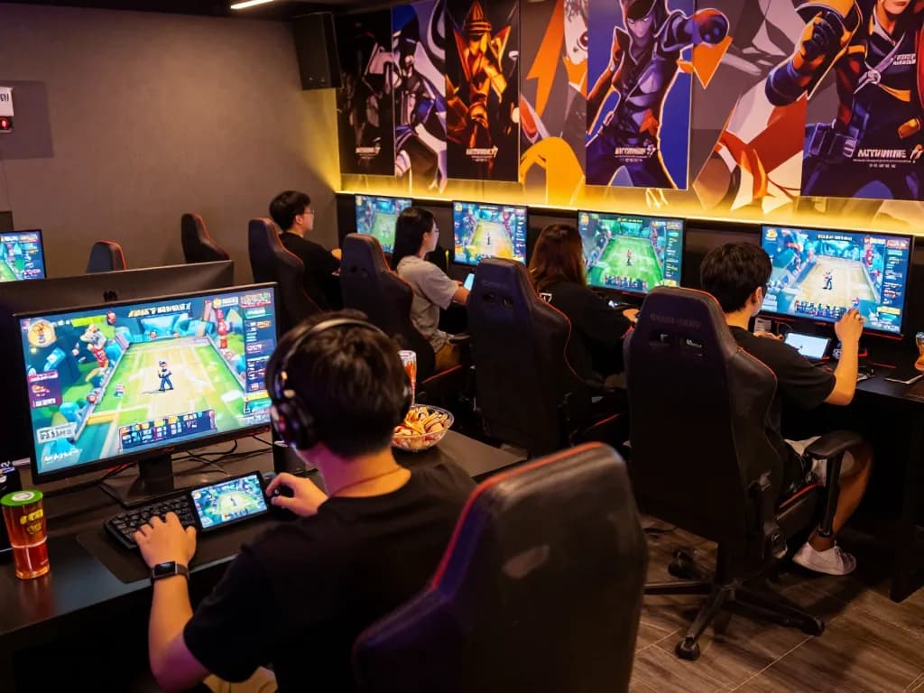 Friends enjoying AUTOWIN88 gaming experience at a vibrant lounge.