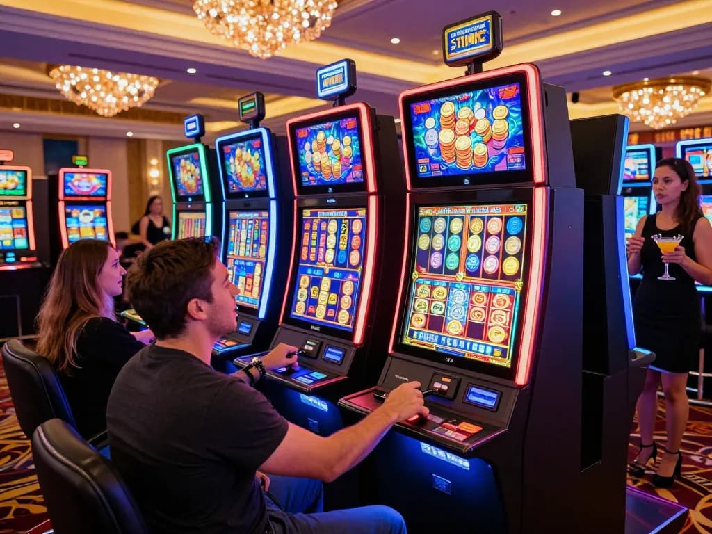 Players enjoying a thrilling moment at gori77 slot machines in a vibrant casino atmosphere.