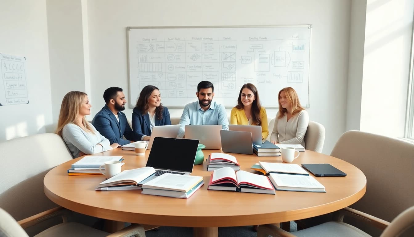 PMP exam support group studying collaboratively in a well-lit room.