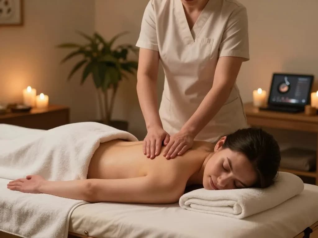 개인 맞춤형 관리를 제공하는 전문 마사지사가 있는 러시아출장마사지 세션을 보여주는 평화로운 장면.