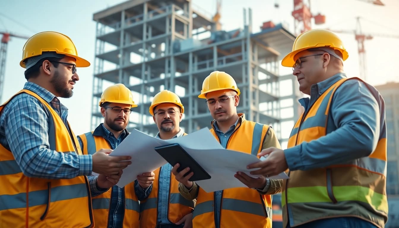 Engaging construction advocacy scene showcasing collaboration among workers and digital tools.
