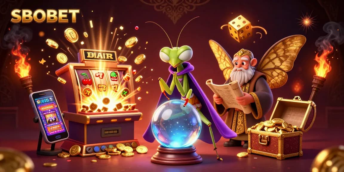 Engage with SBOBET's vibrant gaming universe, featuring a mystical fortune teller, slot machine bursts, and more.