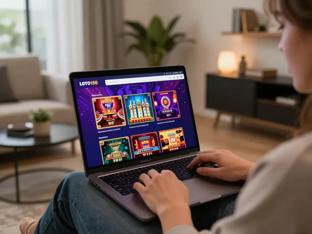 Engaging with LOTO188 online platform for various casino games in a cozy home setup