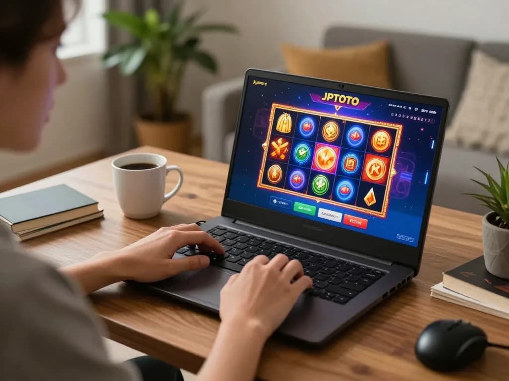 JPTOTO user engaged in online slot gaming with vibrant graphics on laptop.