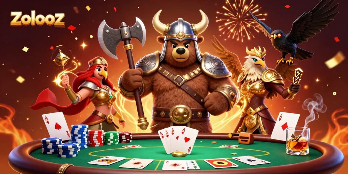 Zolooz showcases a Viking bear and Valkyrie eagle battling at a poker table amid vibrant decorations.