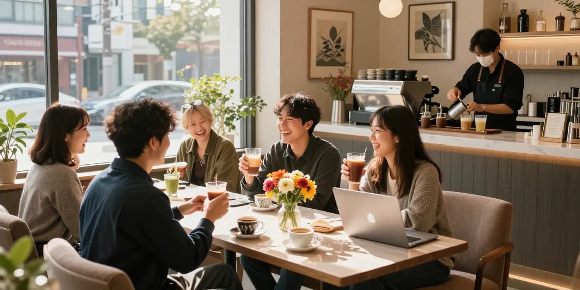 강남쩜오에서 친구들과 편안한 시간을 보내는 모습, 아늑한 카페 분위기와 아름다운 인테리어