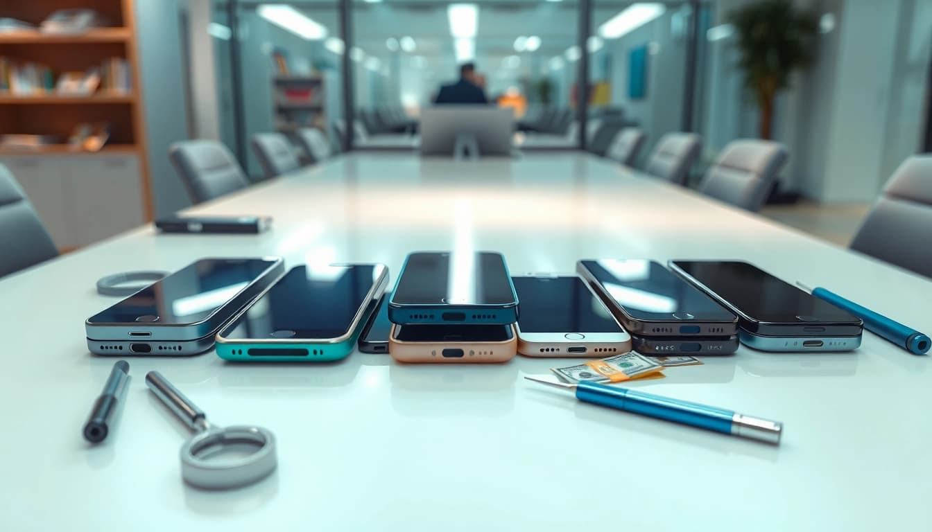 Sell old phone for cash with various smartphones and cash notes in a professional setting.
