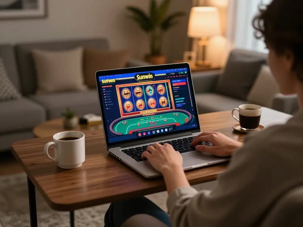 Engaging with Sunwin online casino from a cozy home setup, emphasizing strategic gameplay.