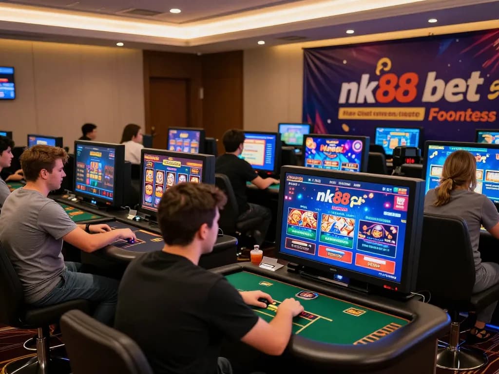 Engaged players at nk88 bet enjoying diverse online casino games in a vibrant digital environment.