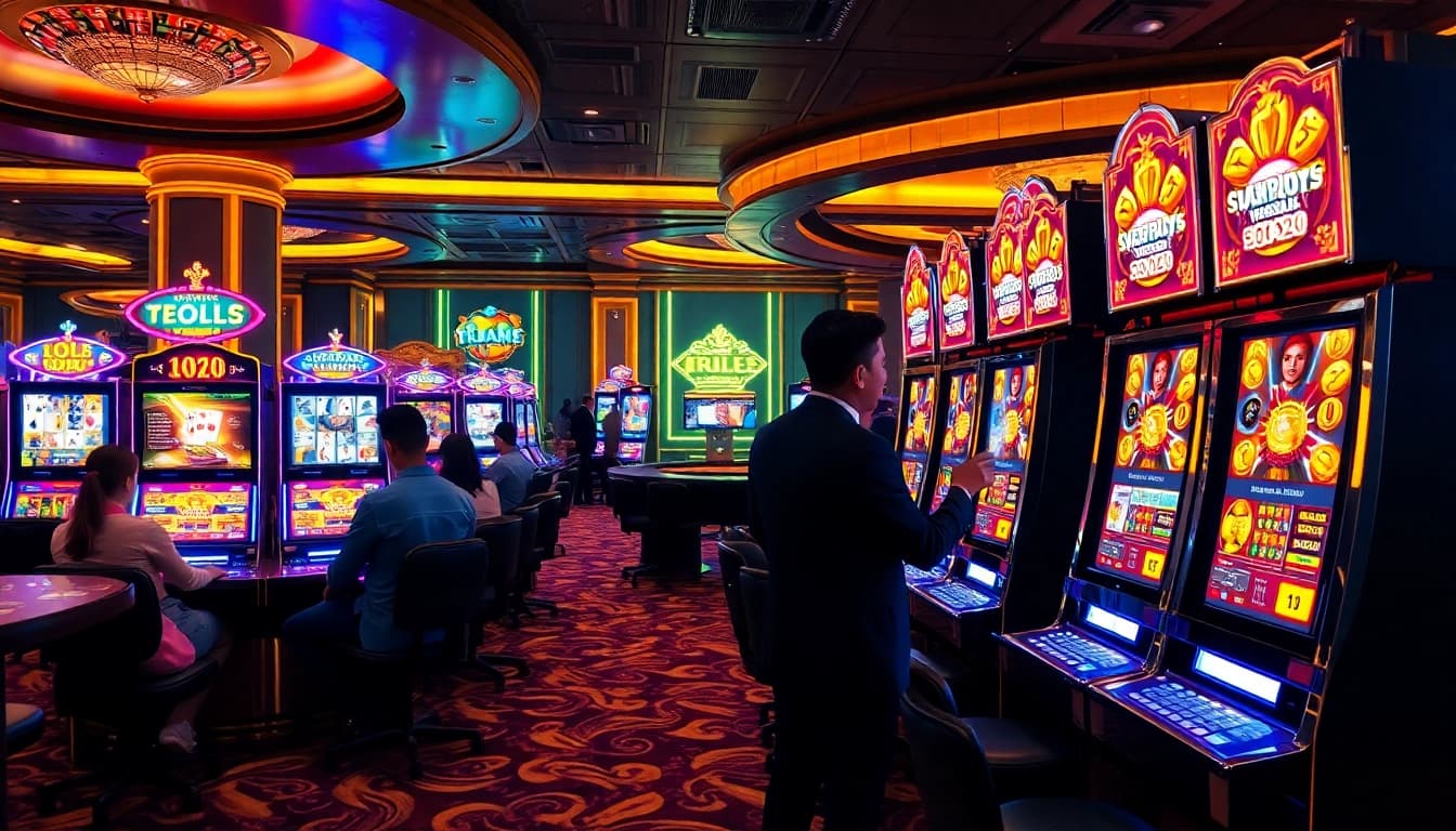 Winning at slot gacor hari ini in an upscale casino environment with vibrant slots and excited players.
