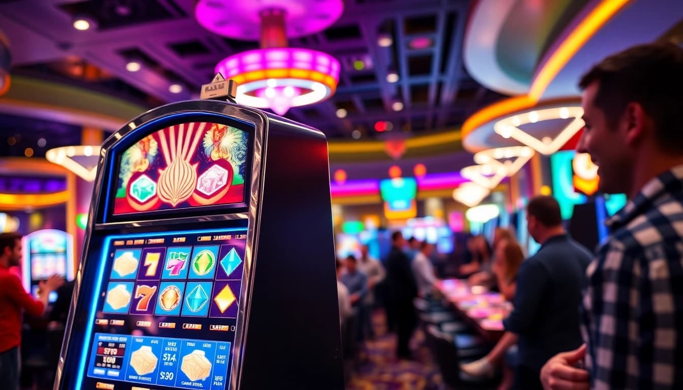 RTP slot machine displayed in a vibrant casino setting with enthusiastic players.