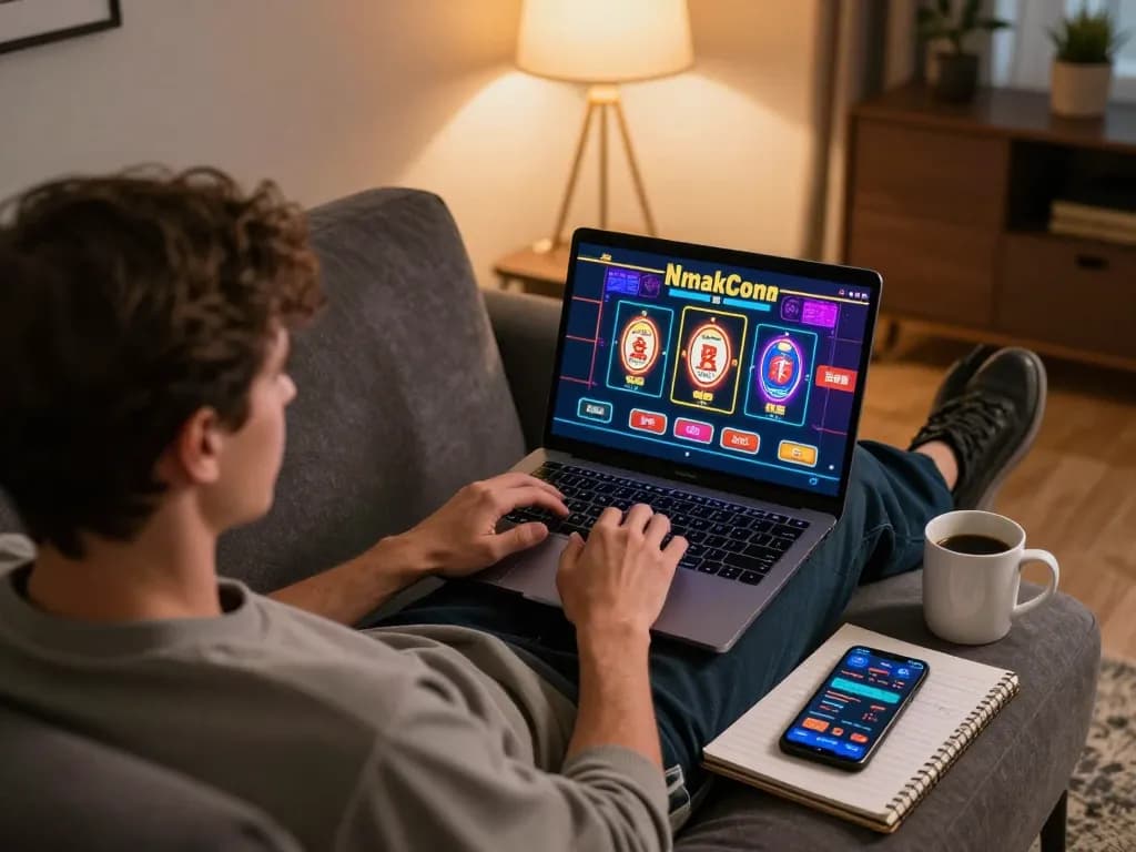 Engaged player enjoying online gaming at rr88 on a cozy modern sofa with strategic notes.
