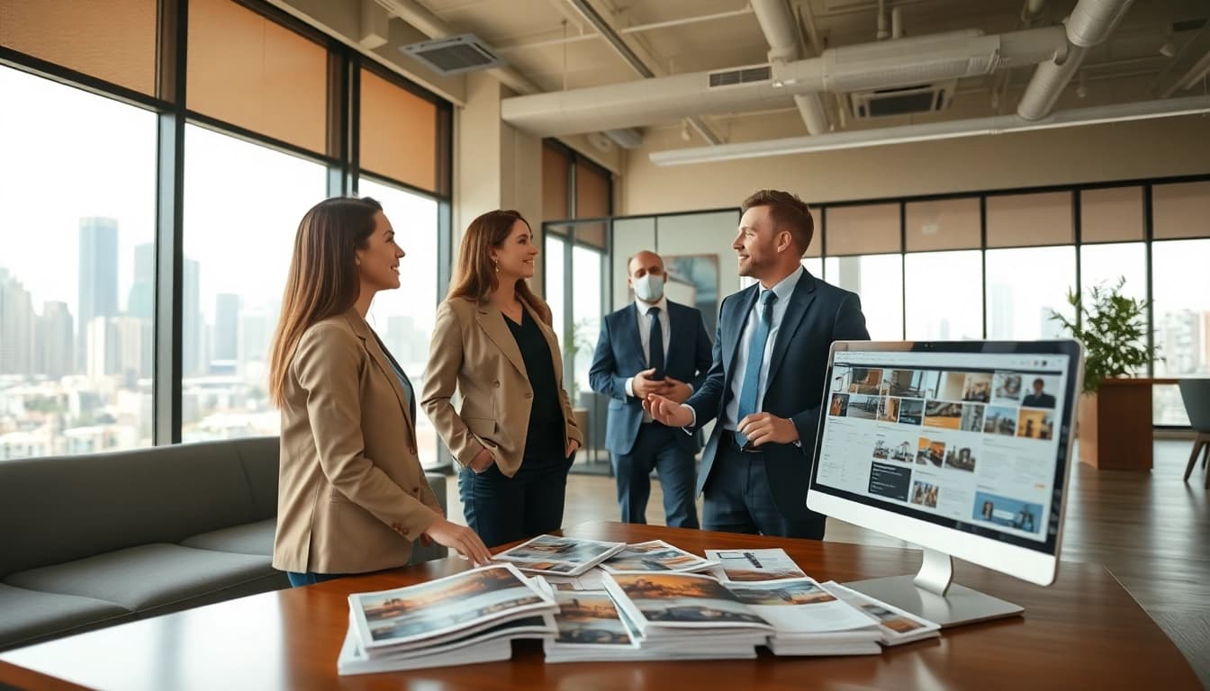 Showcase engaging real estate interactions with a professional agent and clients in a modern office.