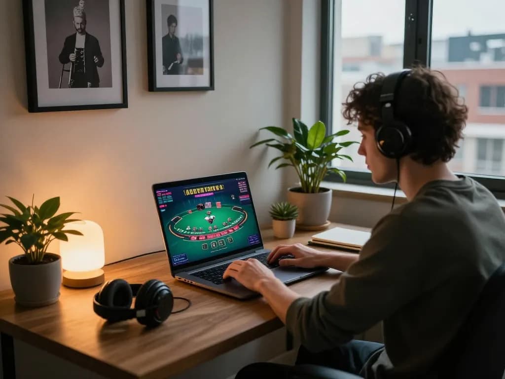 Person engaging in live dealer blackjack on vipwin at a stylish home workspace, showcasing strategic gaming.