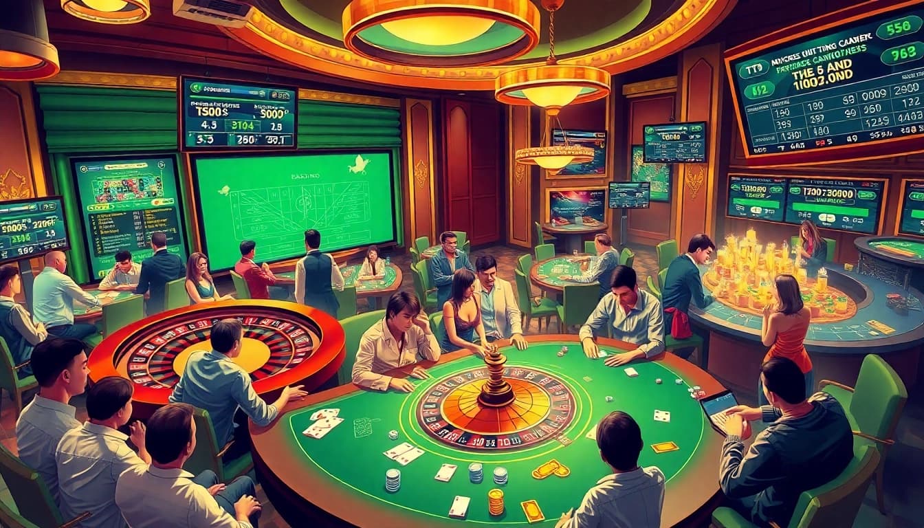 Experience the thrill of TT88 in an exciting casino scene with poker tables and roulette wheels.