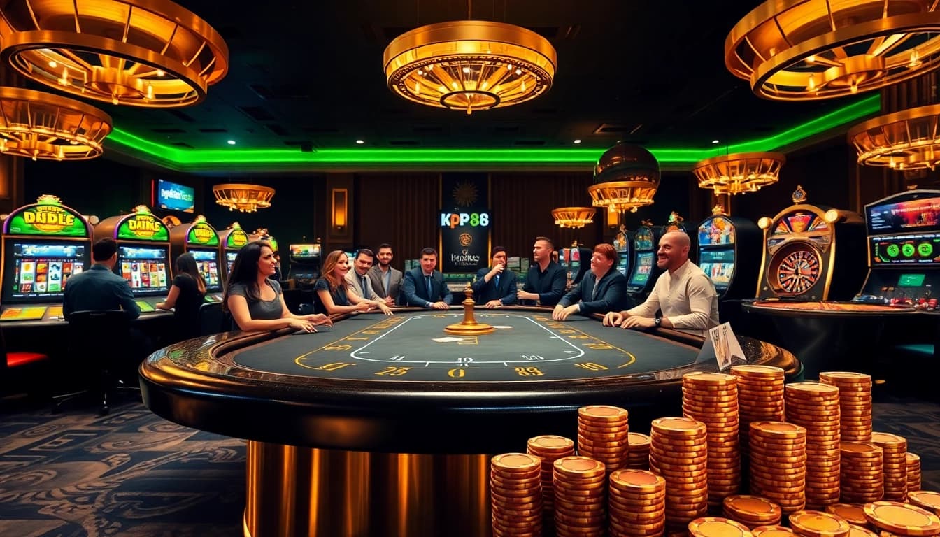 Players engaging at a kp88 poker table, surrounded by vibrant casino visuals.