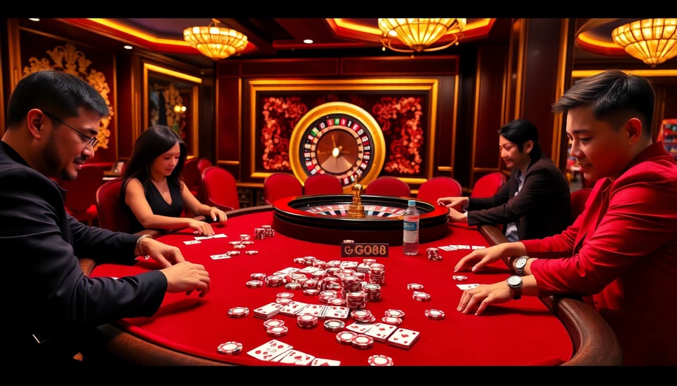 Players strategizing at the GO88 poker table, with colorful chips and cards enhancing the gaming experience.