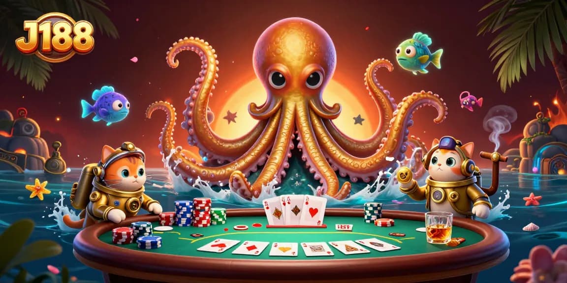 Engage in thrilling gameplay at J188, featuring a dynamic kraken and poker scene.