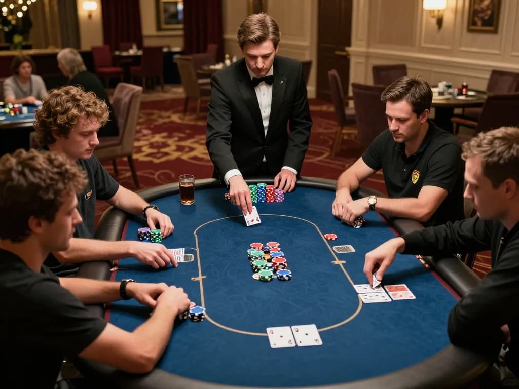 Players strategizing in an intense poker game at VN789’s luxury casino area