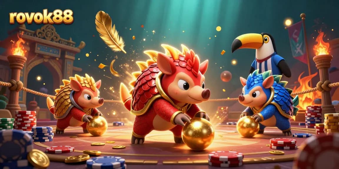 Experience the thrill of rokok88's casino excitement with pangolins bowling through poker chips.