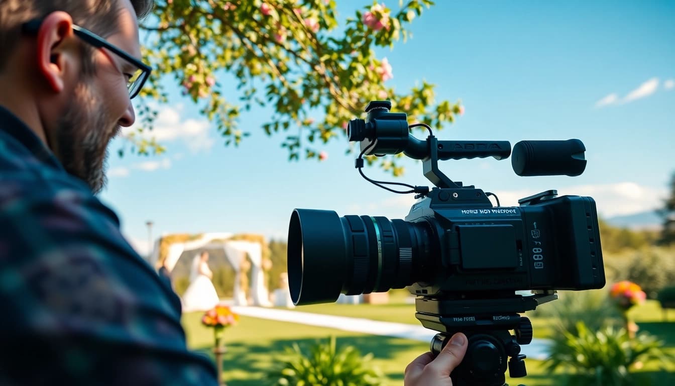 Edmonton videographer filming a wedding amidst colorful flowers and greenery.