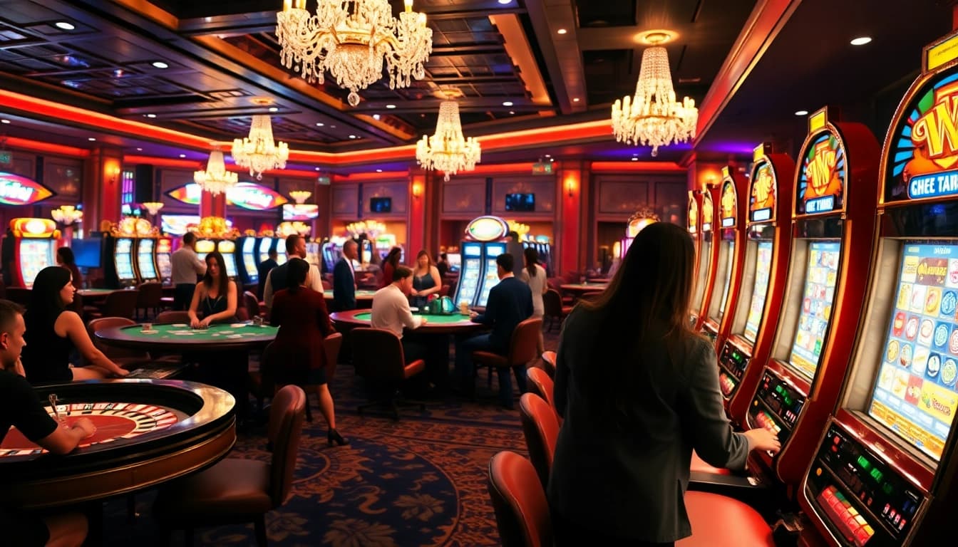 Experience the thrill of casino gaming at Trang chủ xin88 with vibrant tables, slots, and players enjoying their bets.