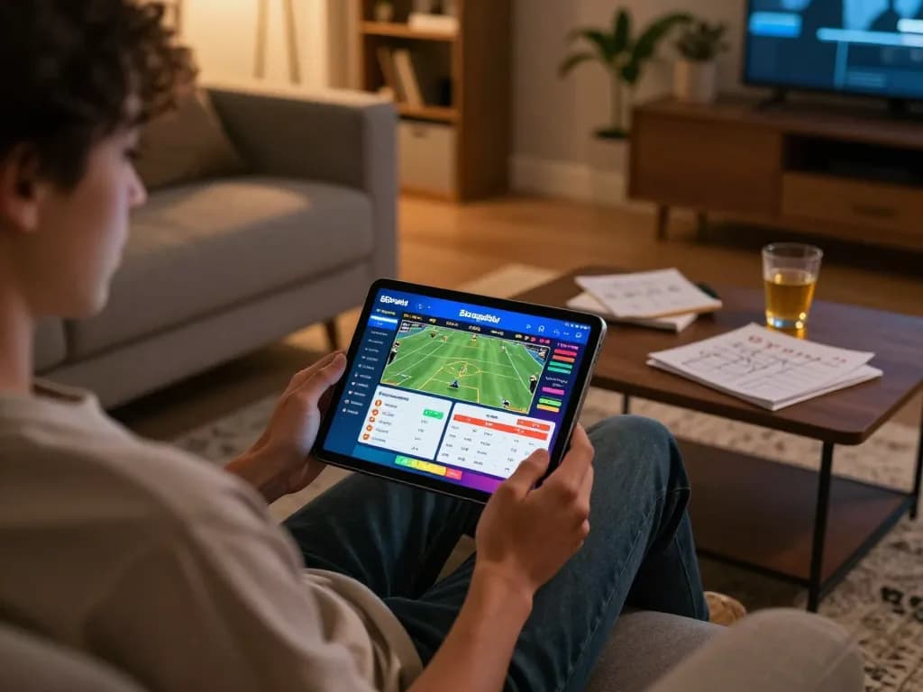 Bongdalu user engaging with betting options on a tablet in a cozy home setup.