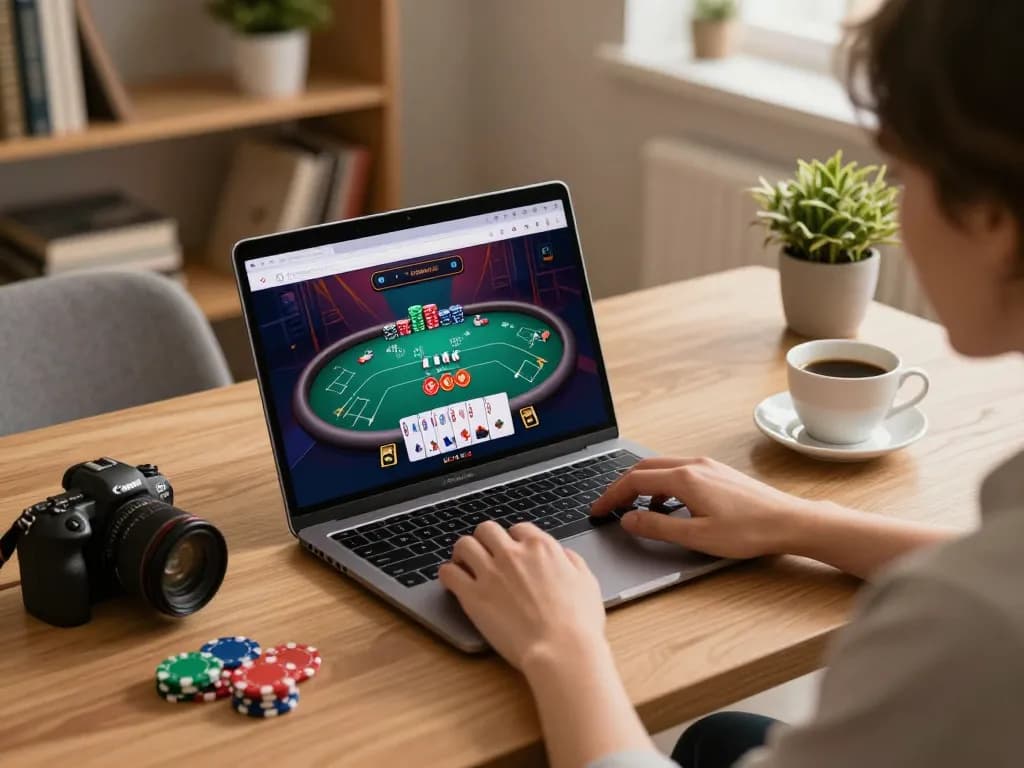 Engage in poker strategy at the best widget store with a cozy online gaming setup.