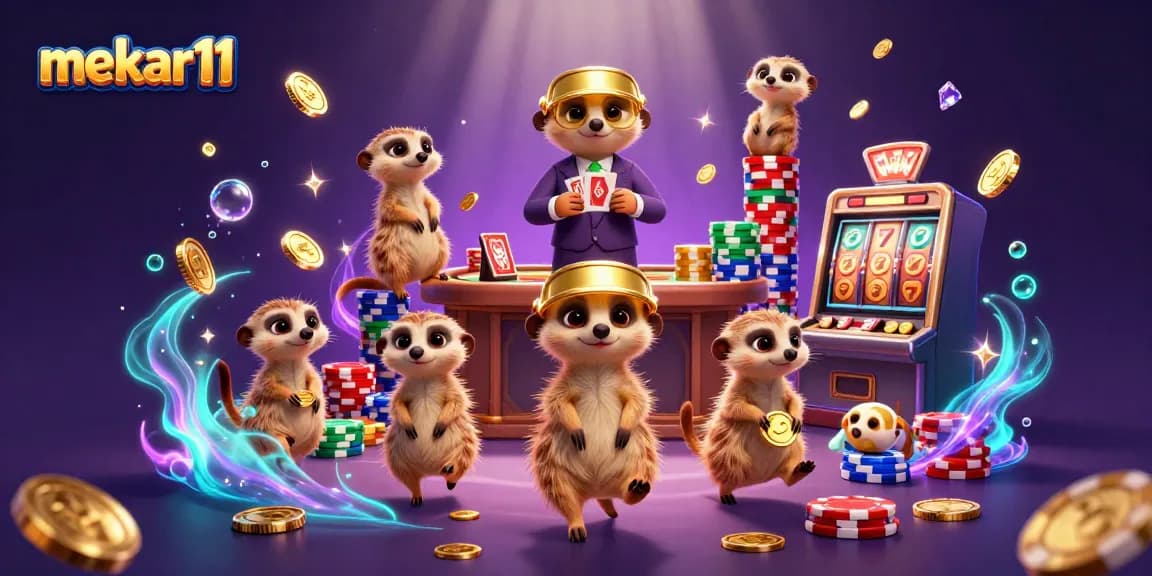 Mekar11 showcases meerkats managing a vibrant casino with slot machines, colorful poker chips, and dynamic atmosphere.