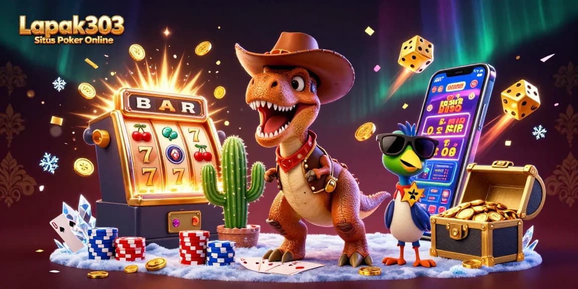 Engage in thrilling poker action at Lapak303 Situs Poker Online with vibrant 3D characters and casino elements.