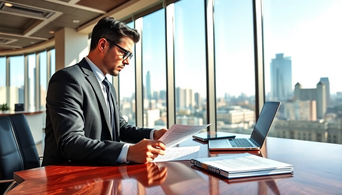 Real estate lawyer reviewing legal documents in a modern office environment.