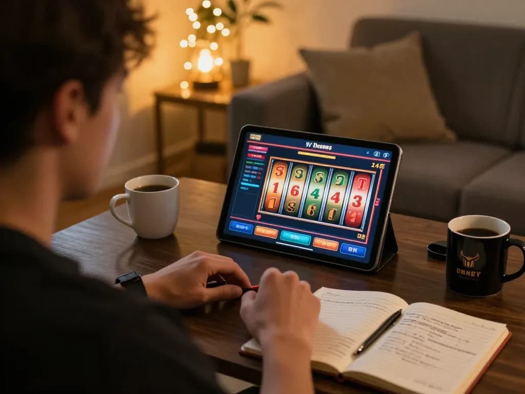 Player enjoying slots on tablet at home, discovering sites not on gamstop.