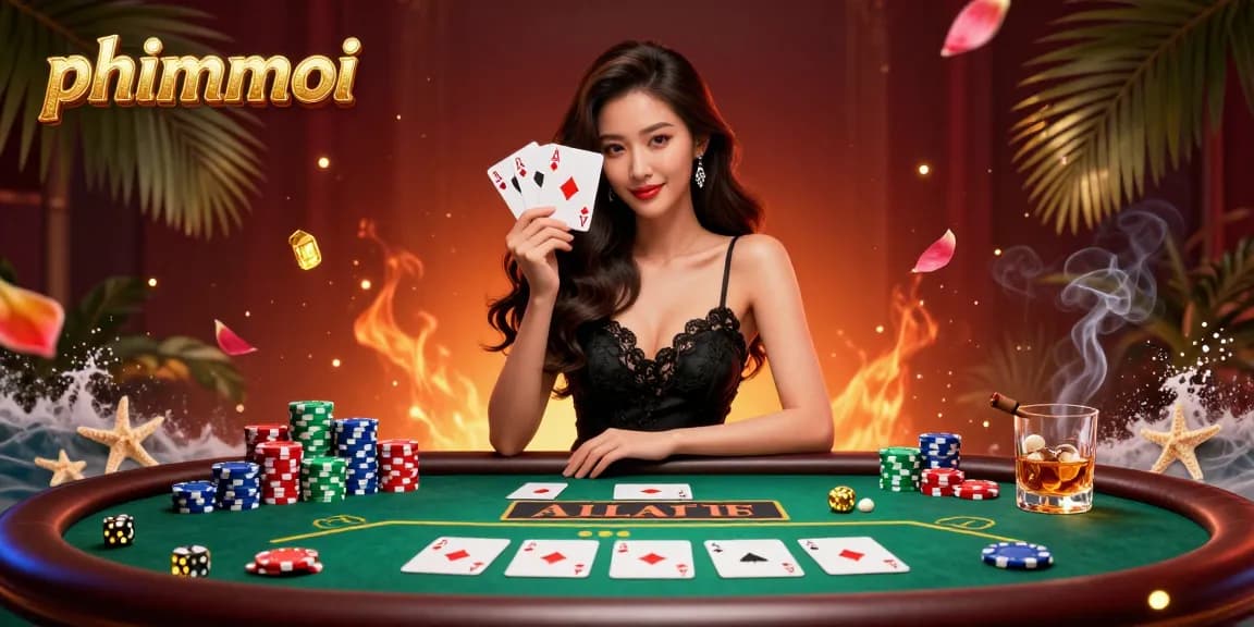 Experience the thrill of phimmoi casino action as a stylish dealer showcases winning poker hands amid rich, vibrant luxury.