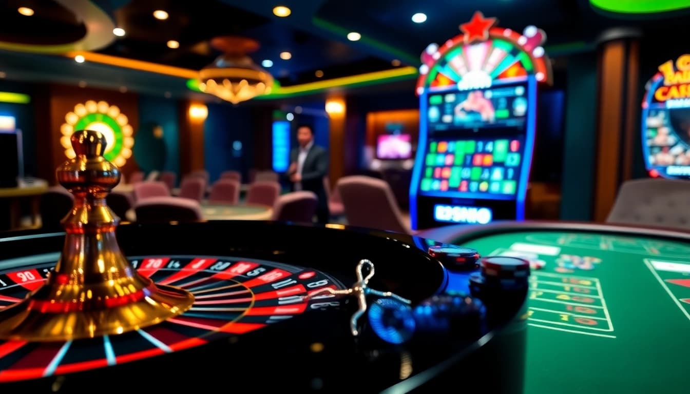 Découvrez l'excitation du 'casino en ligne' avec une scène de casino numérique vibrante et luxueuse mettant en vedette des tables de roulette et de poker.