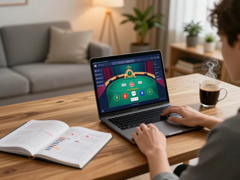 Engaging with vipwin on a laptop in a cozy home gaming setup with strategic betting notes.