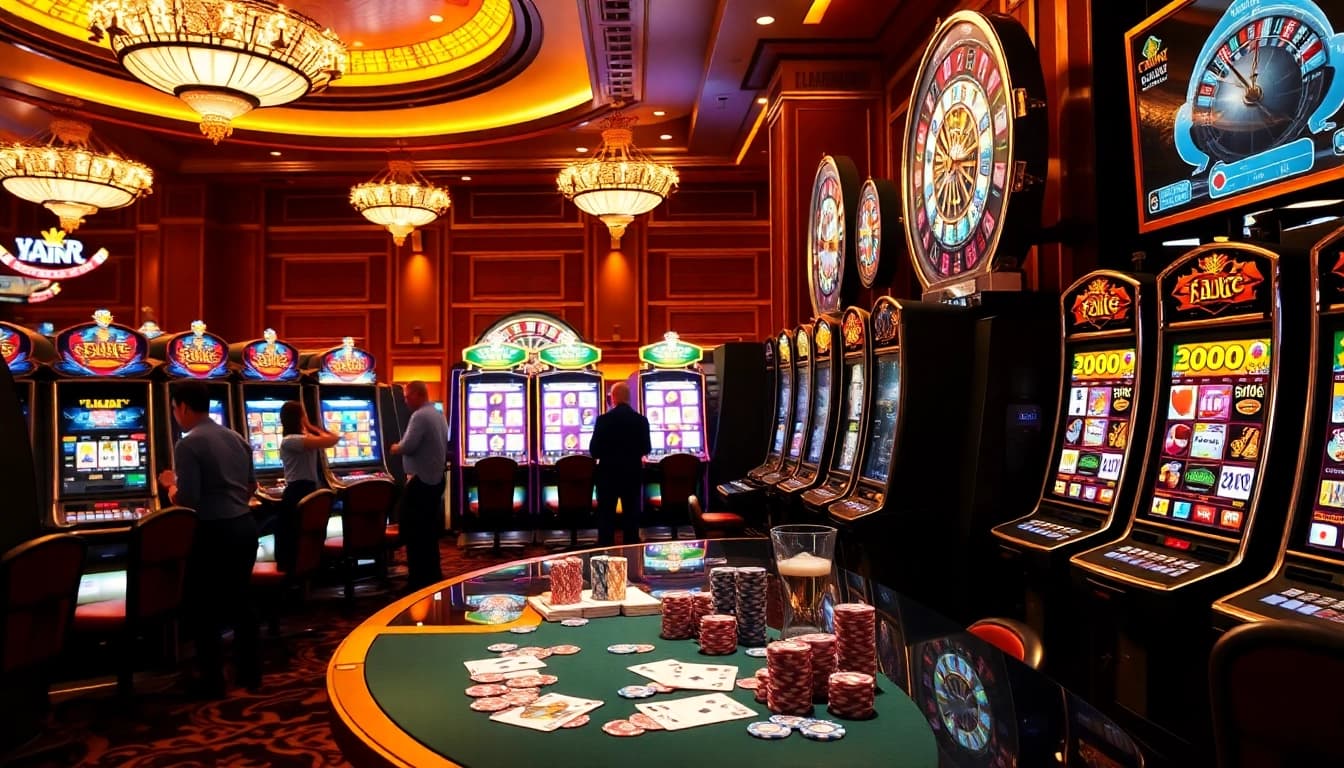 The excitement of players enjoying slot machines in a luxurious casino environment, highlighting vibrant designs and a roulette wheel.