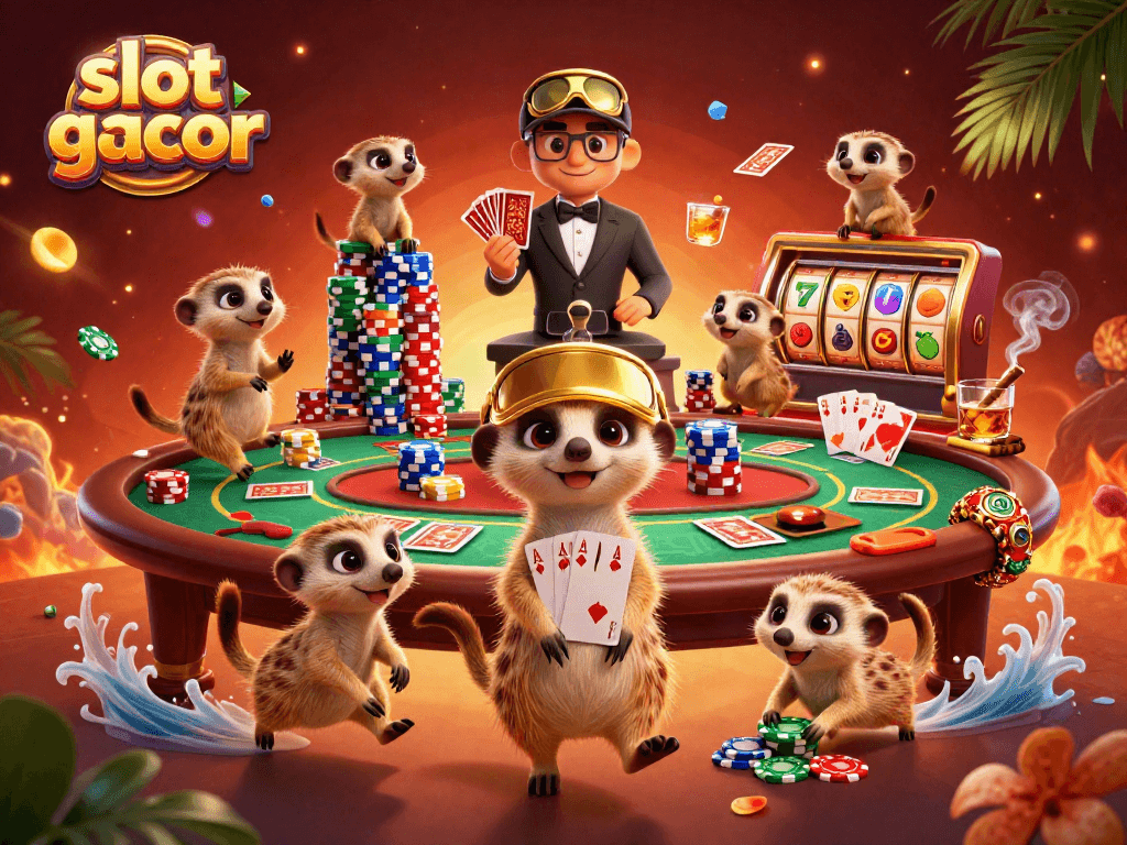 Experience slot gacor excitement with meerkats running a vibrant casino operation.