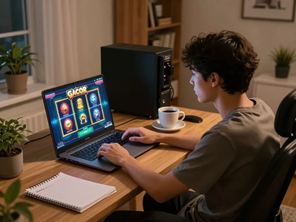 Player enjoying slot gacor game on laptop in a cozy home office, emphasizing relaxed gaming.